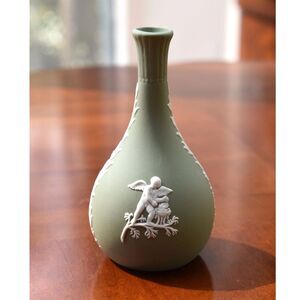 Wedgwood Sage Green Jasperware Bud Vase Cupid Relief Pear Bottle England - 5"